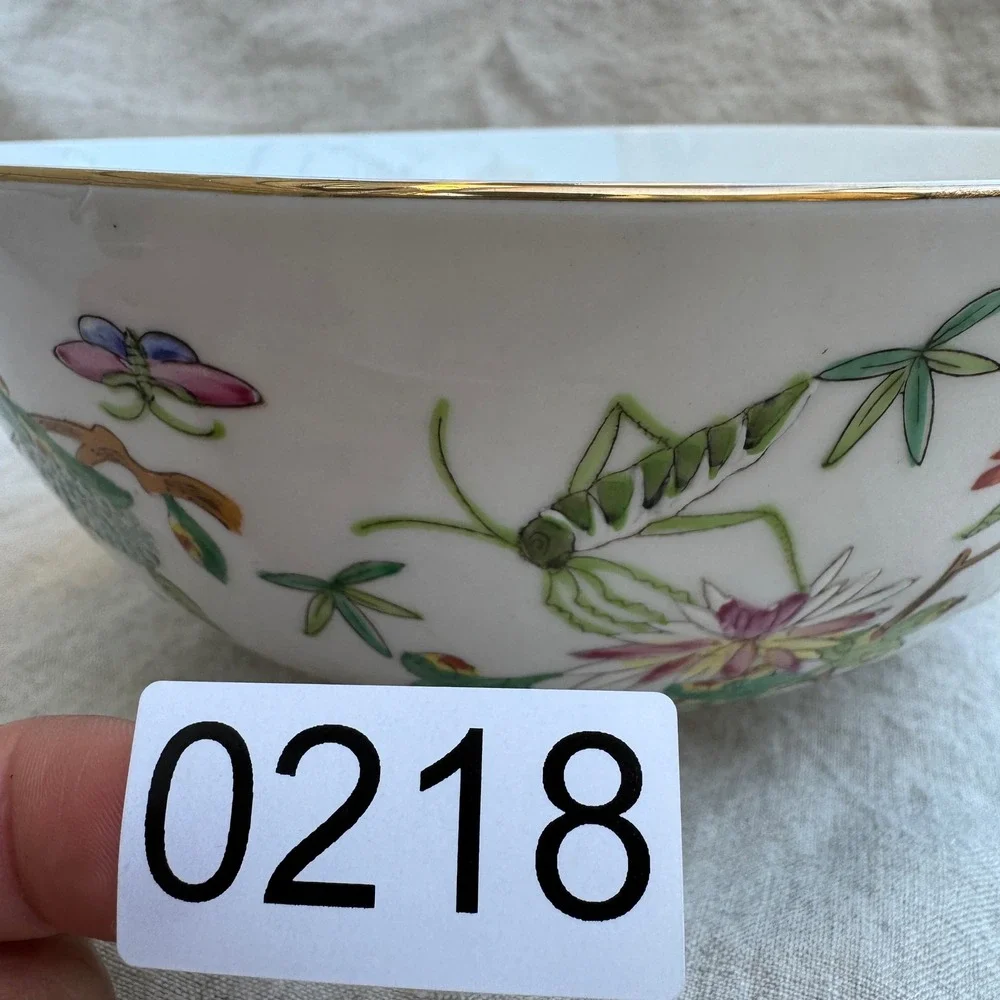 Vintage 70s Hong Kong Porcelain Bowl 60s Famille Rose Grasshopper Floral 9in